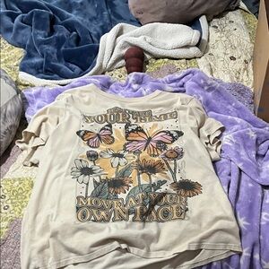 Beige Graphic T-Shirt with Butterfly and Floral Design